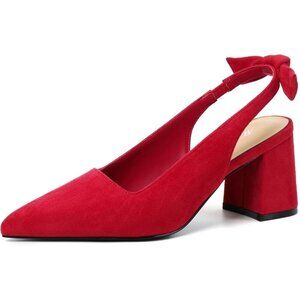 Women's Red Pointed Closed Toe Slingback Chunky Heels Office Work Pump Shoes